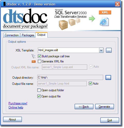 dtsdoc gui output options screenshot
